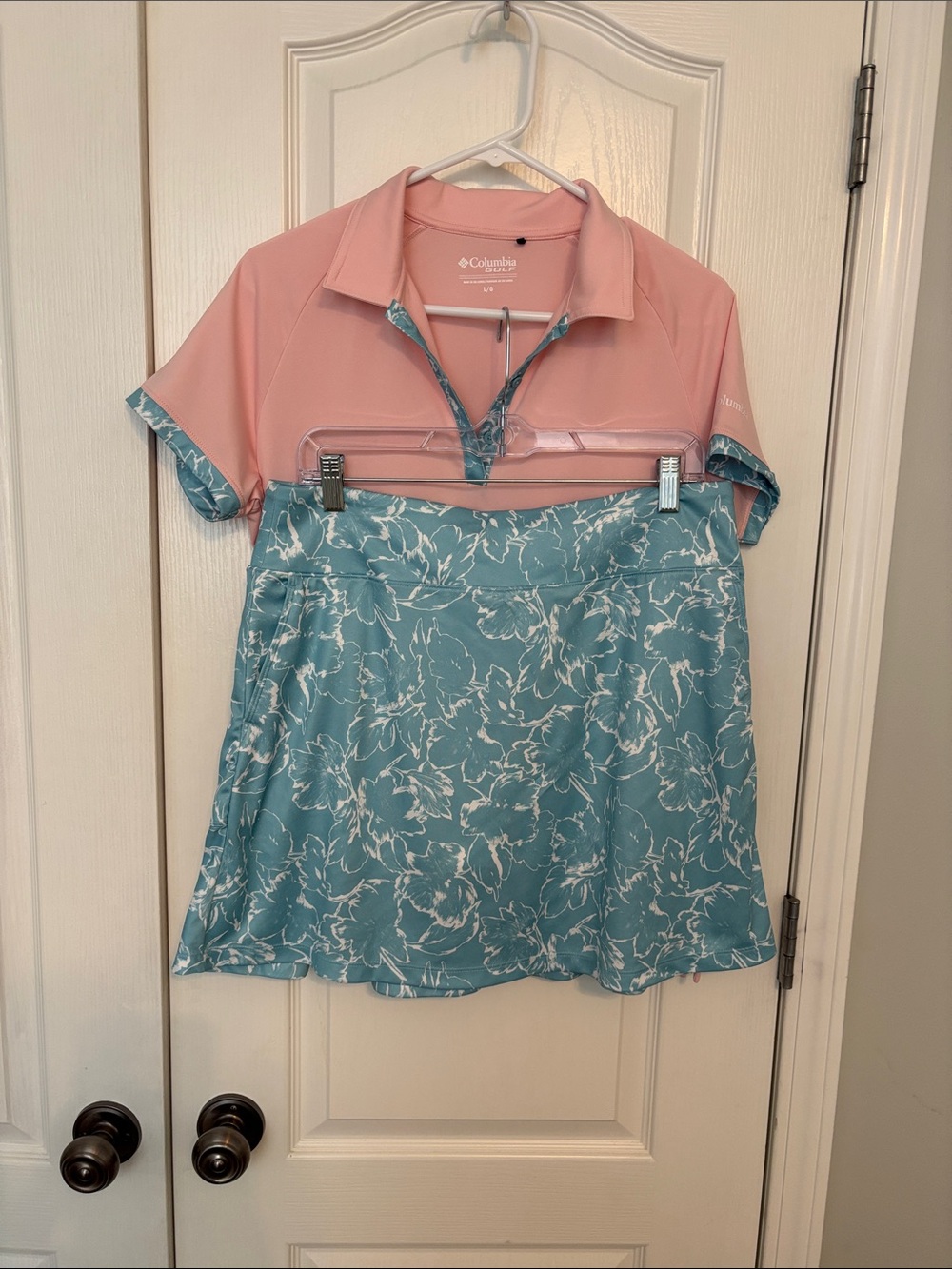 Columbia Pink Polo with Teal Floral and Matching Skort Top/Large Bottom Medium